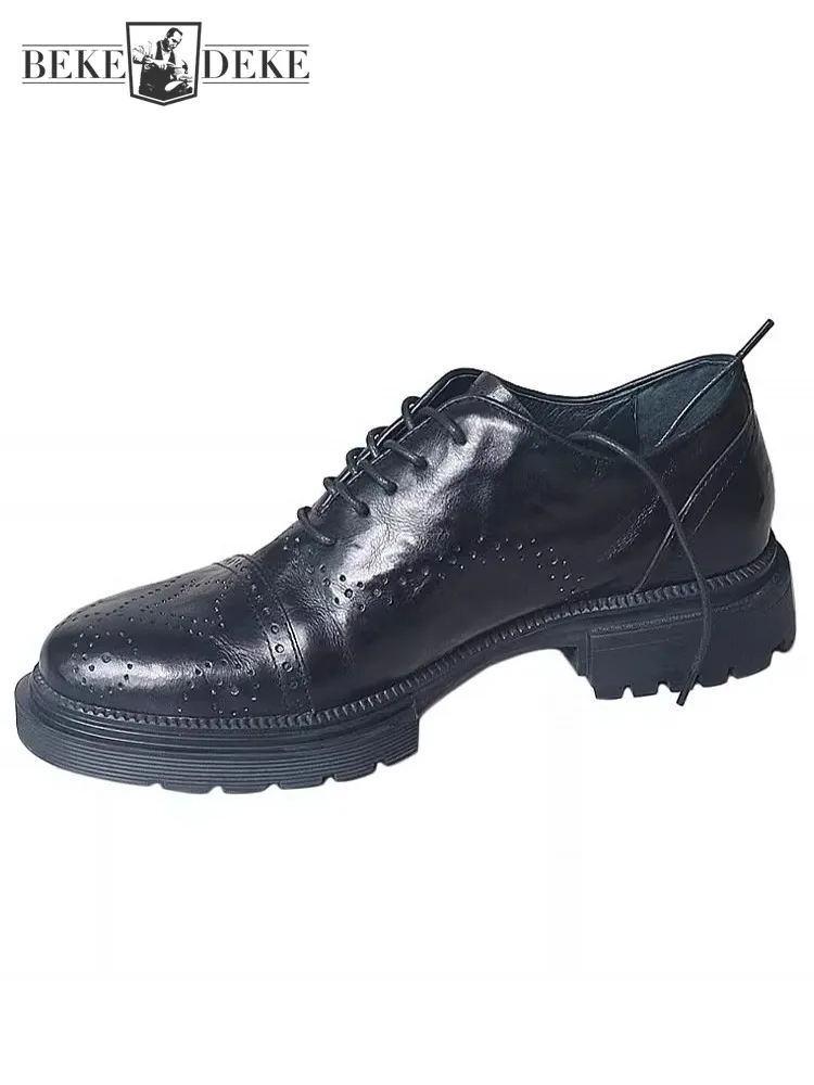 

Мужские броги на толстой платформе с кончиками крыльев, деловая рабочая официальная обувь, винтажные модельные туфли из дышащей воловьей кожи на шнуровке