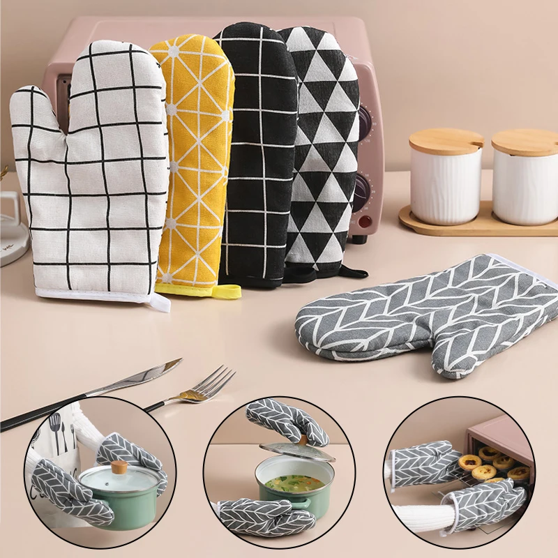 1pair Kitchen Potholders Pad And Stove Oven Gloves Set Mitts Heat Resistant Thermal Anti-heat Take Hot Pot Cooking Baking Gloves