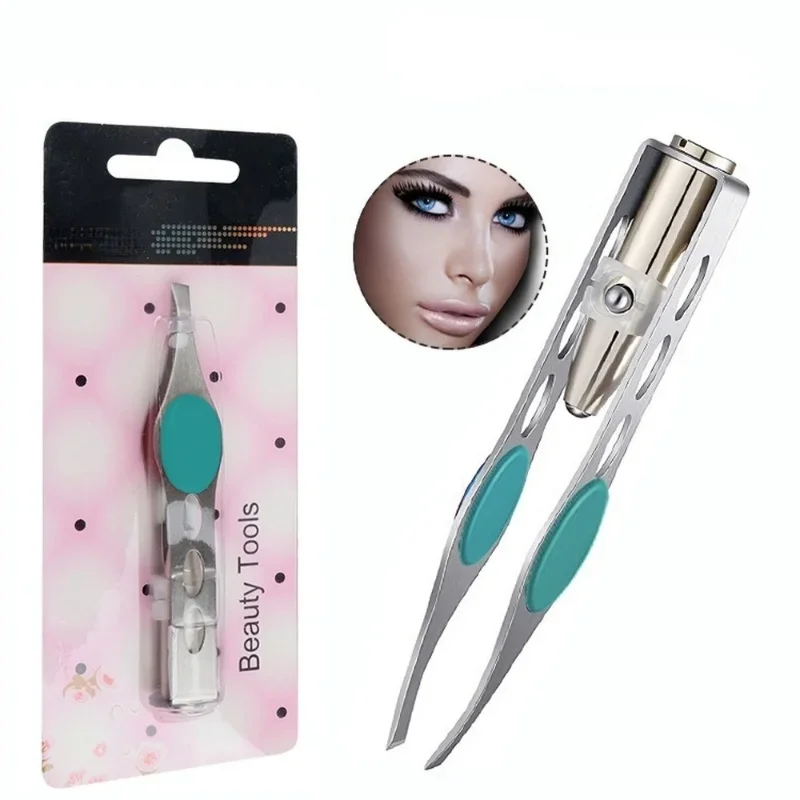 LED Eyebrow Tweezers Oblique Tip Eyebrow Trimming Clip Stainless Steel Eye Hair Removal Clamp False Eyelashes Curler Makeup Tool