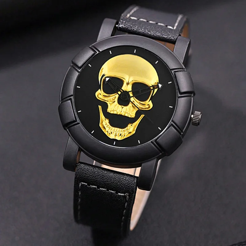 3PCS Luxury Mens Skull Watches Classic Men Business Leather Quartz Wristwatch Fashion Male Black Necklace Bracelet Watch