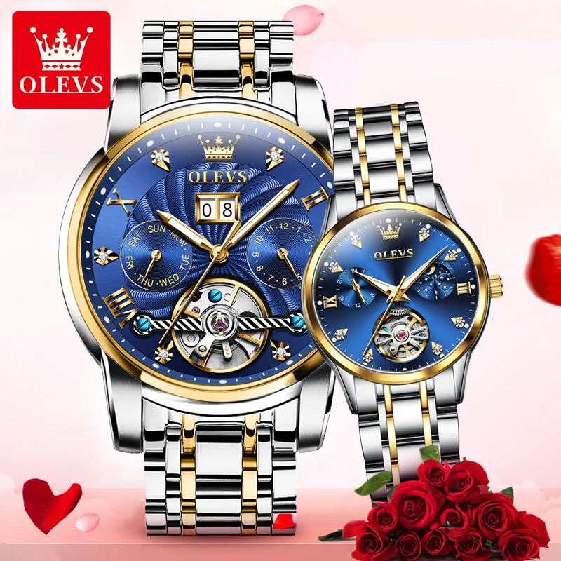 OLEVS 9910+6608 Automatic Couple Watch for Men Women Multifunctional Chronograph Couple Mechanical Wristwatches Love Set Gift