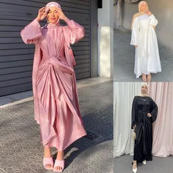 2 Piece Matching Set Women Turkey Muslim Dress Dubai Celebrities Fashion Outfit Plain Kimono Open Abaya Maxi Dress Wrap Skirts