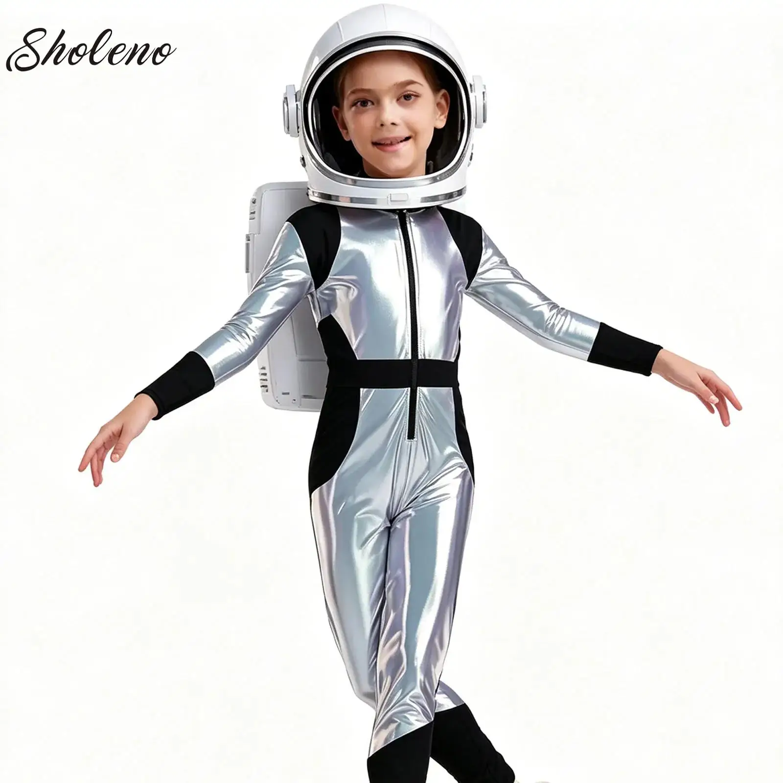 

Big Girl Alien Costume Halloween Carnival Galaxy Theme Party Outfit Metallic Long Jumpsuit Silver Astronaut Robot Fancy Dress Up