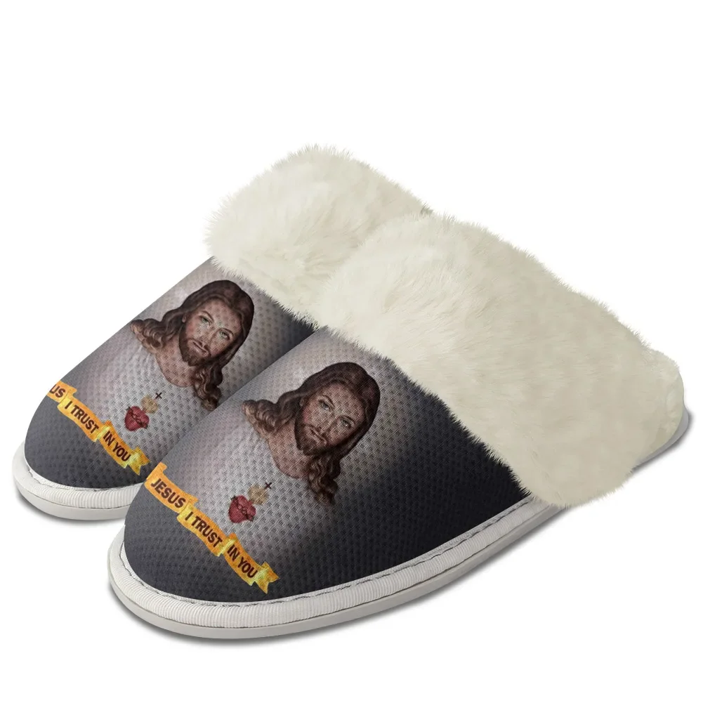 

DIY Christian God Religion Jesus Printed Cross Plush Slippers Keep Warm Shoes Mens Womens Home Bedroom Slipper Custom Shoes