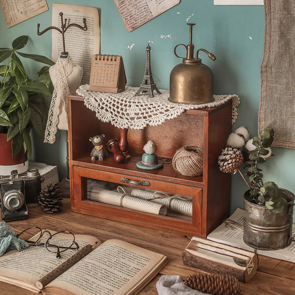 Gabinete de almacenamiento de madera Vintage, estante ganizer para soporte de maquillaje, estante marrón para el cuidado de la piel, decoración del hogar, tocador Vintage