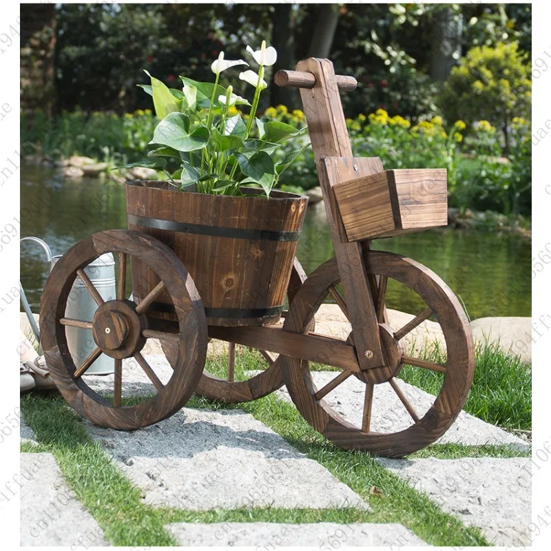 

Three-wheeled Flower Cart, Outdoor Balcony Solid Wood Planter Boxes, Multi-tiered Wooden Flower Pots