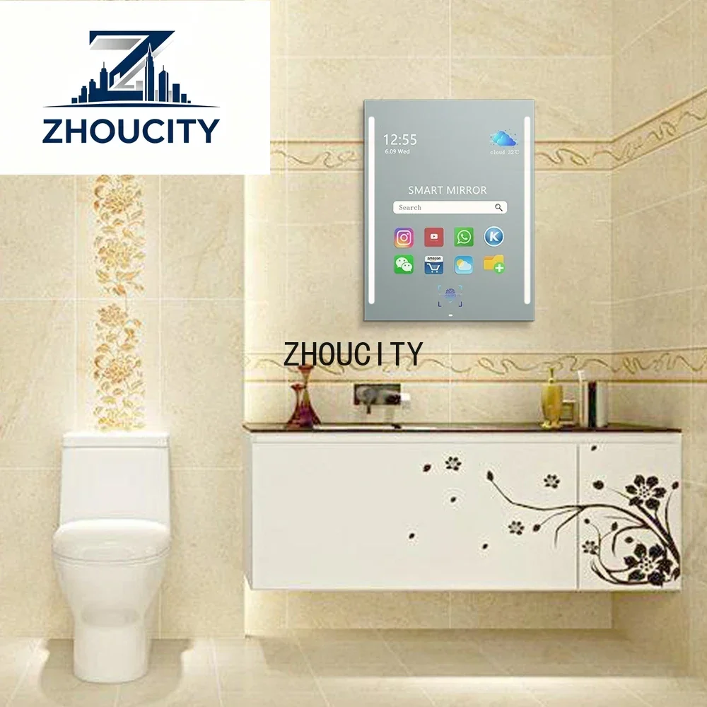 ZHOUSmart House 36 X 28 Inch LED Lighted Tv Mirror With Speaker And Light White Light Backlit Dimmable Anti-Fog Time Display