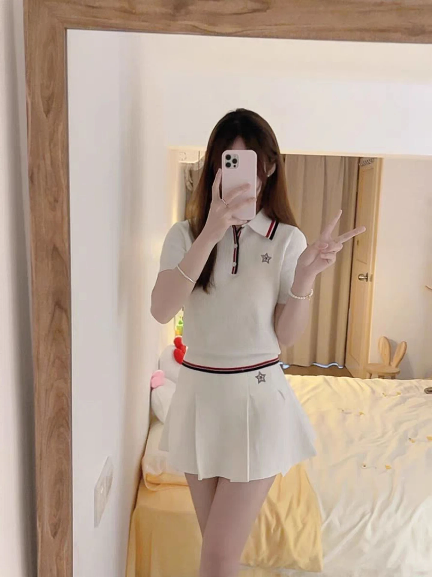 

Korean College Style Women's Neck Short Sleeve Knitted High Waist Slim Short Skirt Two-Piece Set Summer 2025 New Arrival