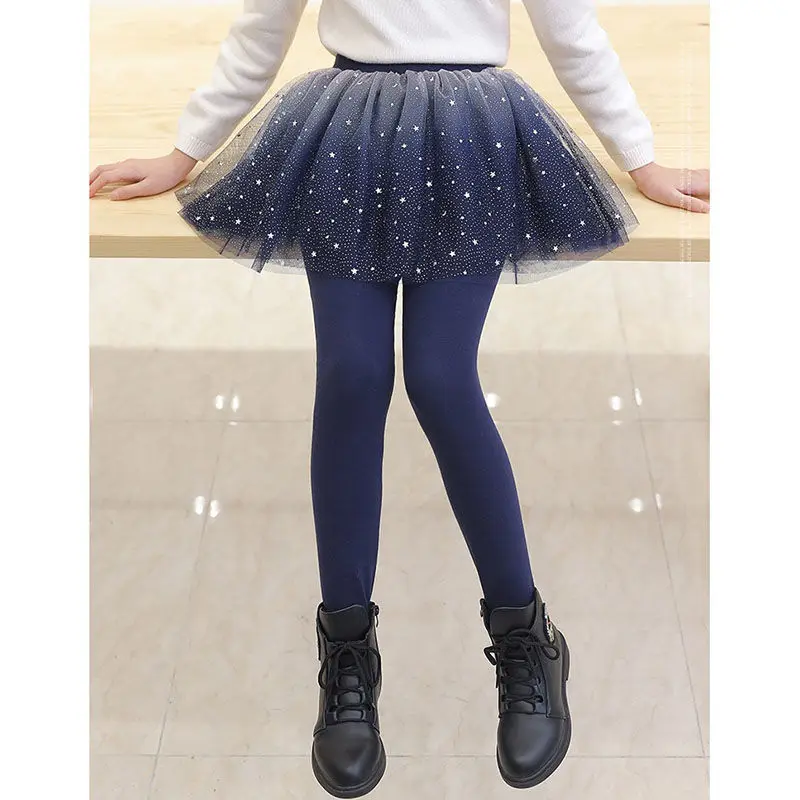 Kid Girls Lace Legging Pants 2024 New Children Autumn Skirt Pants Navy Sequin Legging Dance Clothing Tutu Skirt Pants