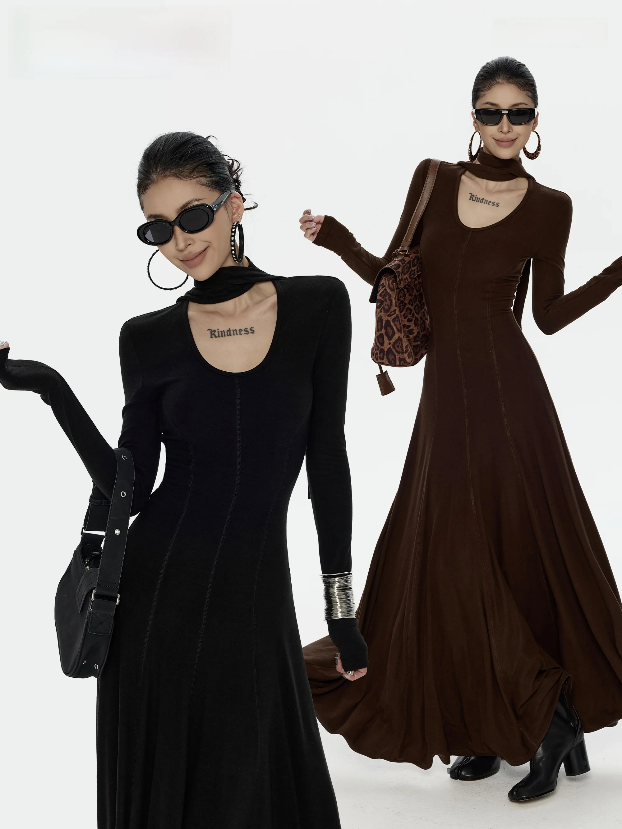 

Slim Fit Knitted Dr Women's Autumn Winter New Design ZeroV Collar Long Skirt V-ne Casual High Elastici Glue Fiber Dr