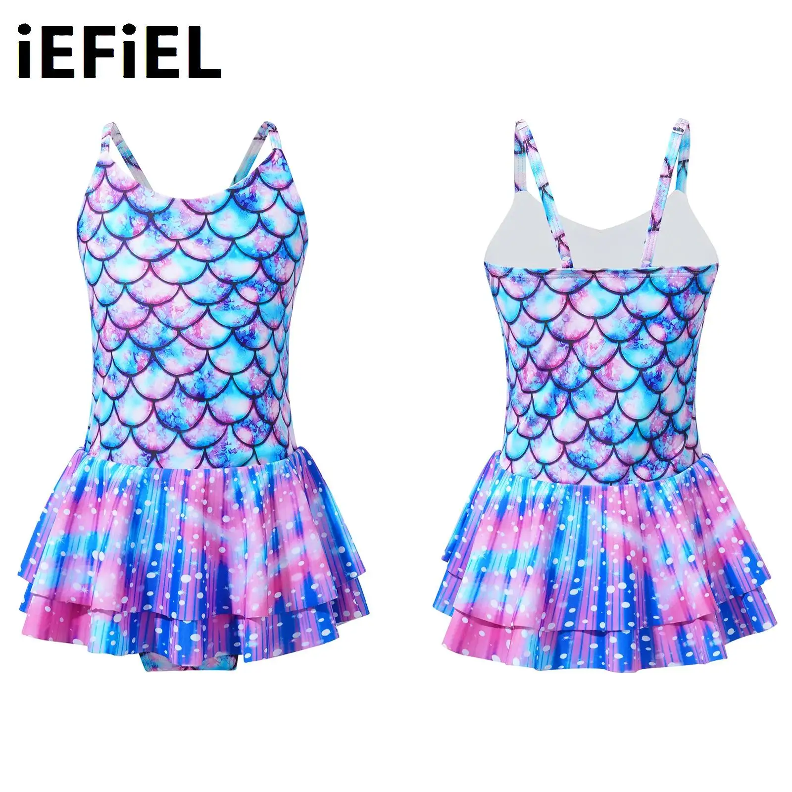 

Kids Mermaid Swimsuit Girls One-piece Fish Scales Print Swimsuit Straps Ruffle Flounce Jumpsuit Surfing Beach Suit Rash Guard