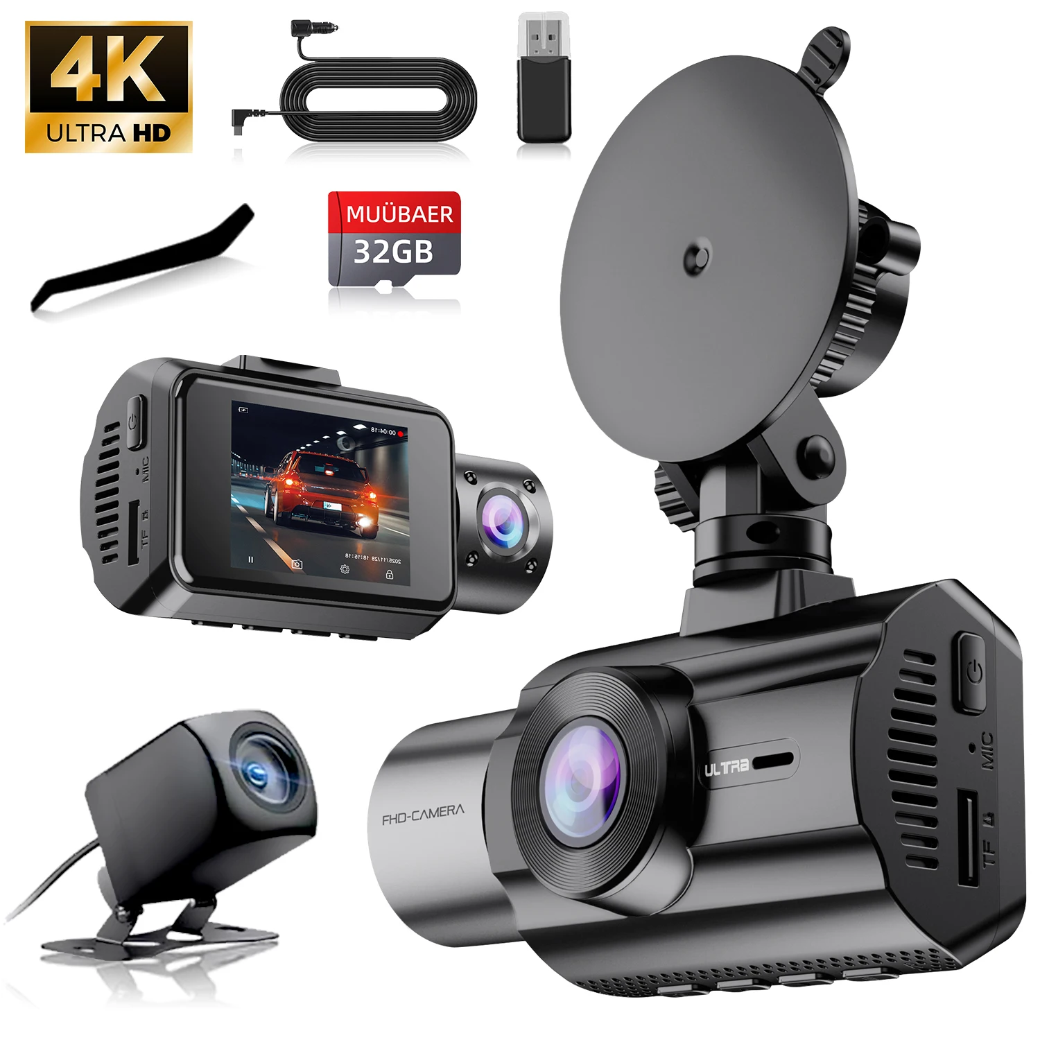 

Тройной видеорегистратор 4K спереди 1080P сзади | 170 ° Широкоугольный ИК-запись контура ночного видения G-сенсор 24 часа для парковки + дополнительная карта 32 ГБ