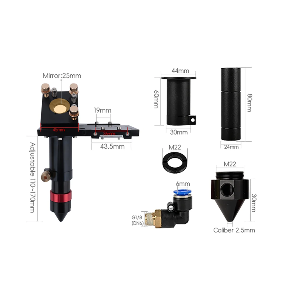 CO2 Laser Head Set Dia.20 ZnSe Focusing Lens Focus Length 50.8/63.5/101.6mm Dia.25 Si/Mo Mirrors for Laser Cutting Marking Parts