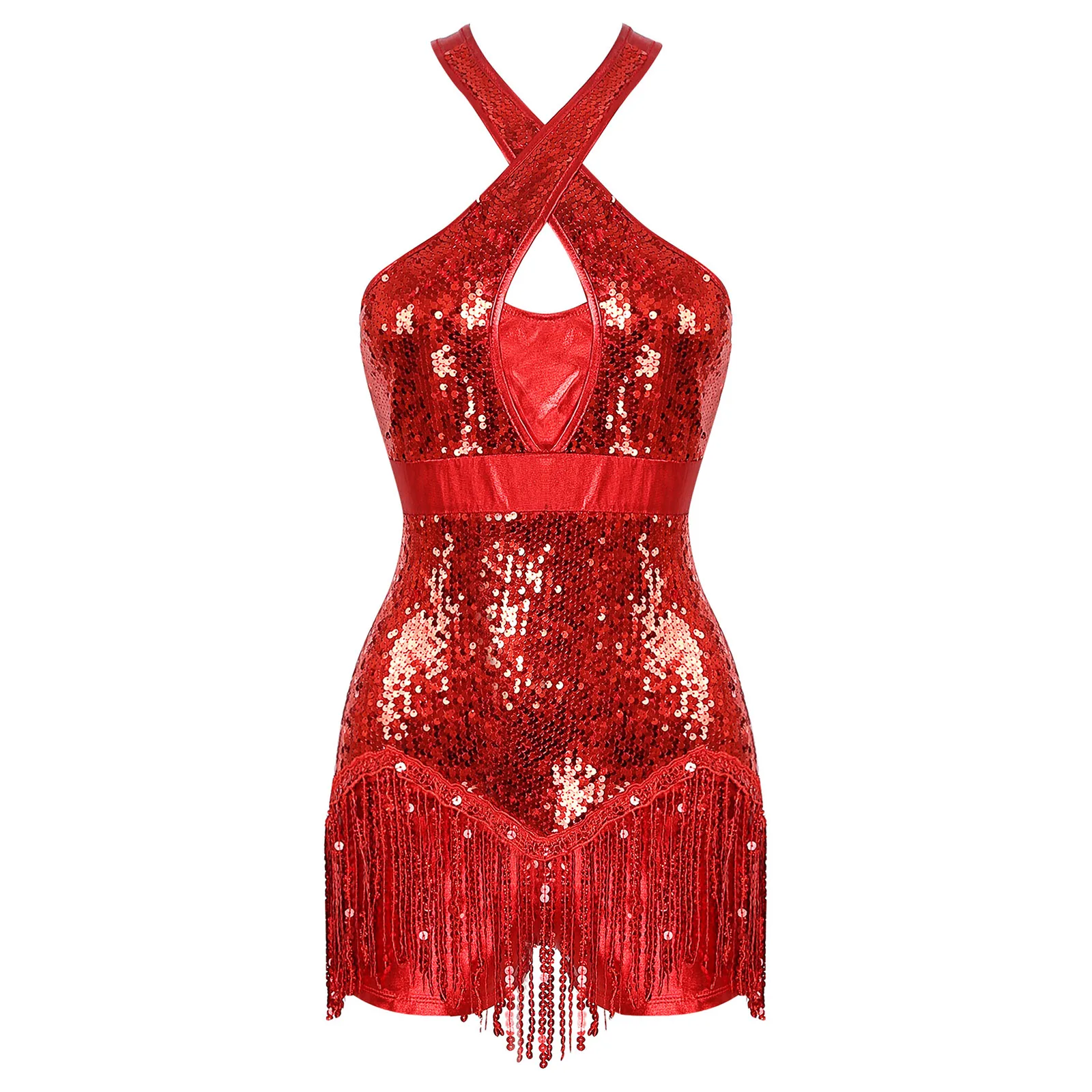 Womens Shiny Sequins Tassel Leotard for Latin Cha-Cha Ballroom Dance Performance Costume Cross Front Fringed Bodysuit Dancewear