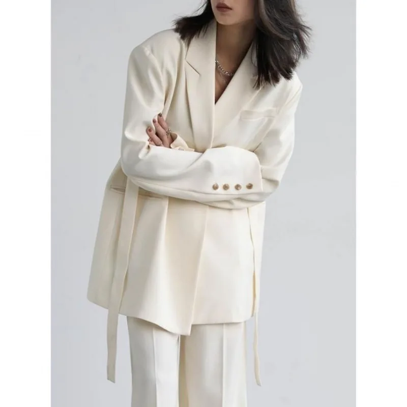 High Quality Two Piece Suit Pant Set White Long Sleeve Loose and Casual Blazer Jacket Medium Length With Wide Leg Pants