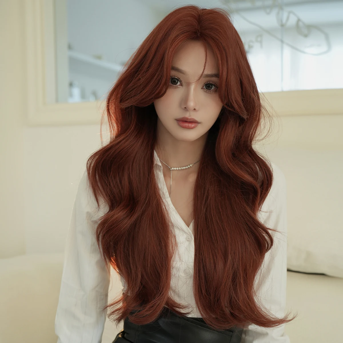 Long Loose Curly Orange Red Wigs for Women Daily Party High Density Synthetic Middle Part Wig with Curtain Bangs Heat Resistant