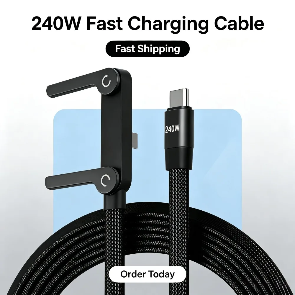 2-in-1 240w Built In Phone Stand Charging Cable USB C To USB C Quick Charge Data Wire For iPhone 17 Foldable Bracket Type C Cord