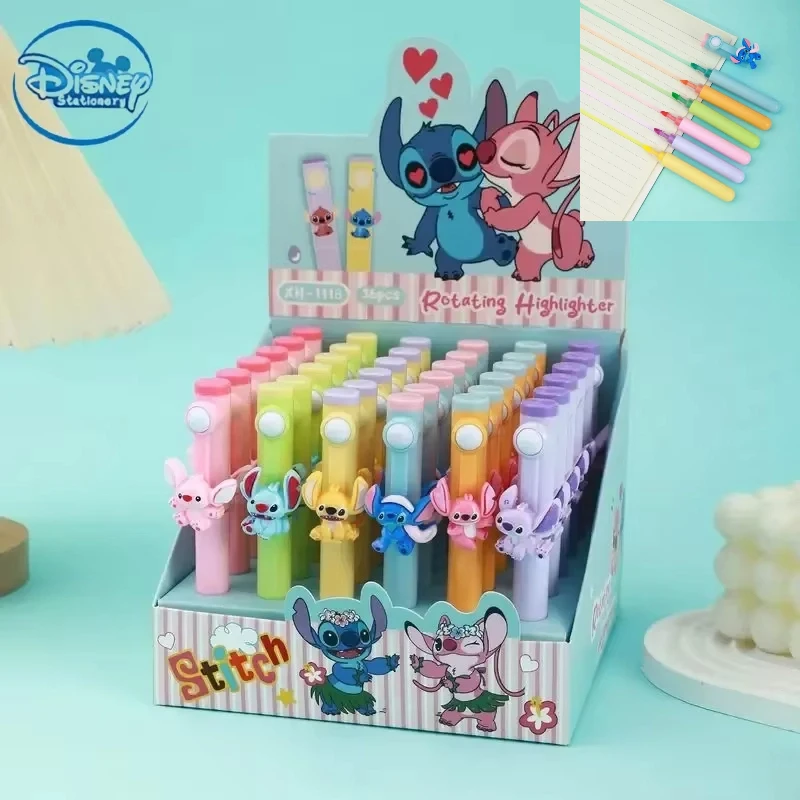 

36pcs Highlighter Pen 6-color Disney Stitch New Resin Pin the ball Student Stationery Hand Account Birthday School Office