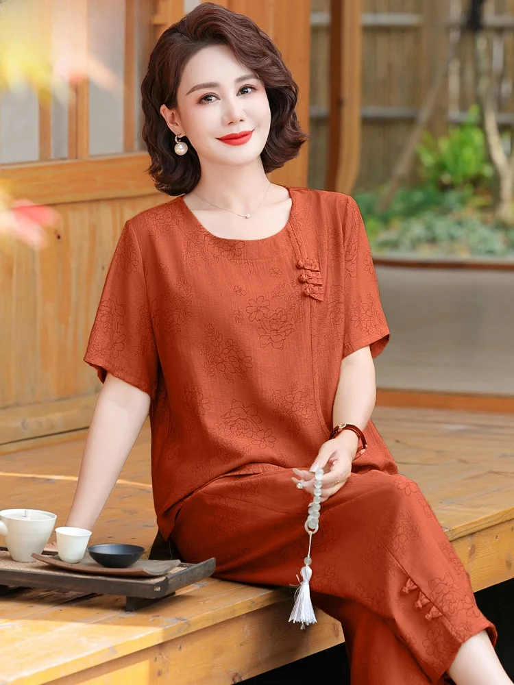 

Midlife Mom Summer Cotton Linen Set Traditional Chinese Style Top New 2026 Short Sleeve Women's Summer Fashion Loose Fit