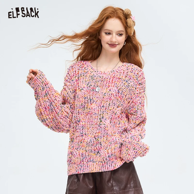 ELFSACK 2024 Winter New Arrivals Pink colored dot pullover sweater for women, lazy style soft and loose top