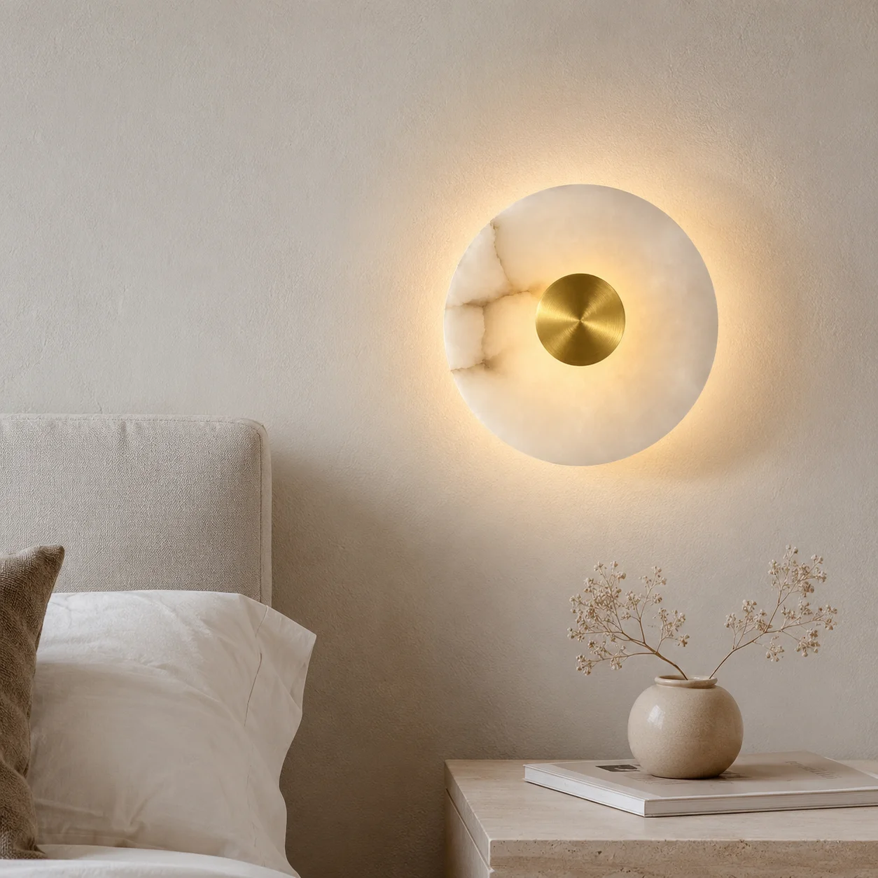 Natural Alabaster Stone LED Wall Sconce, Round Copper Marble Light for Bedside Hallway Staircase TV Backdrop