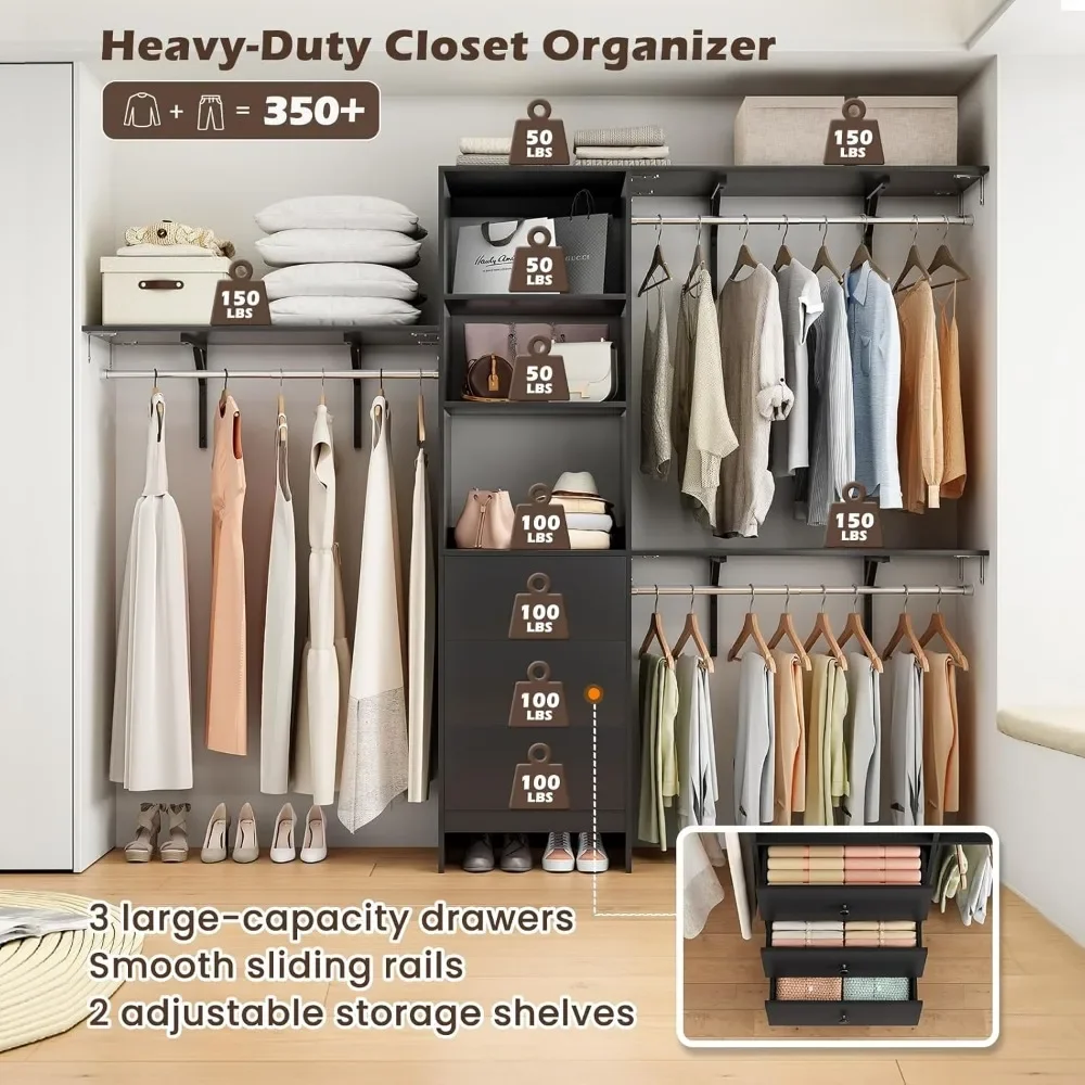 High Capacity Wardrobe Rack with 3 Drawers & Expandable Hanger Rods - Fits 6-9 ft Spaces