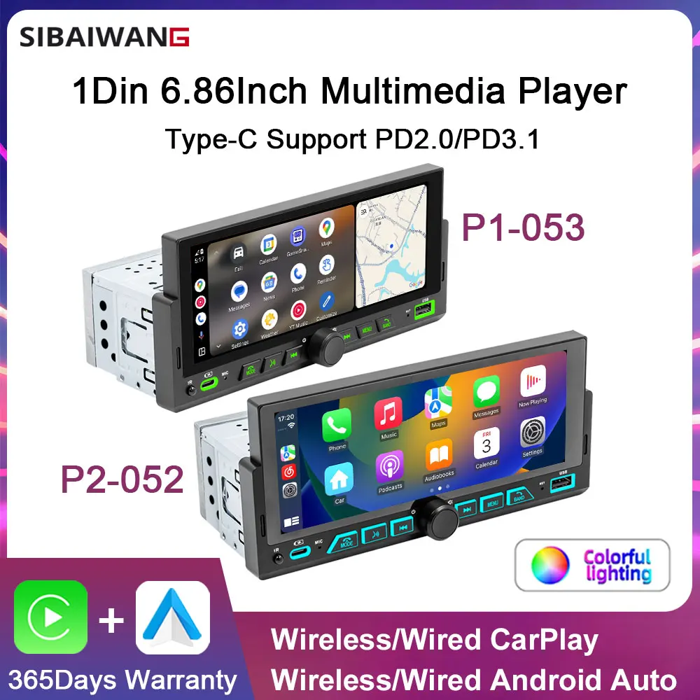 Universal 1 Din Car Stereo 6.86Inch HD Touch Screen Wireless Carplay Android Auto Car Multimedia Player BT USB FM RDS Car Radio