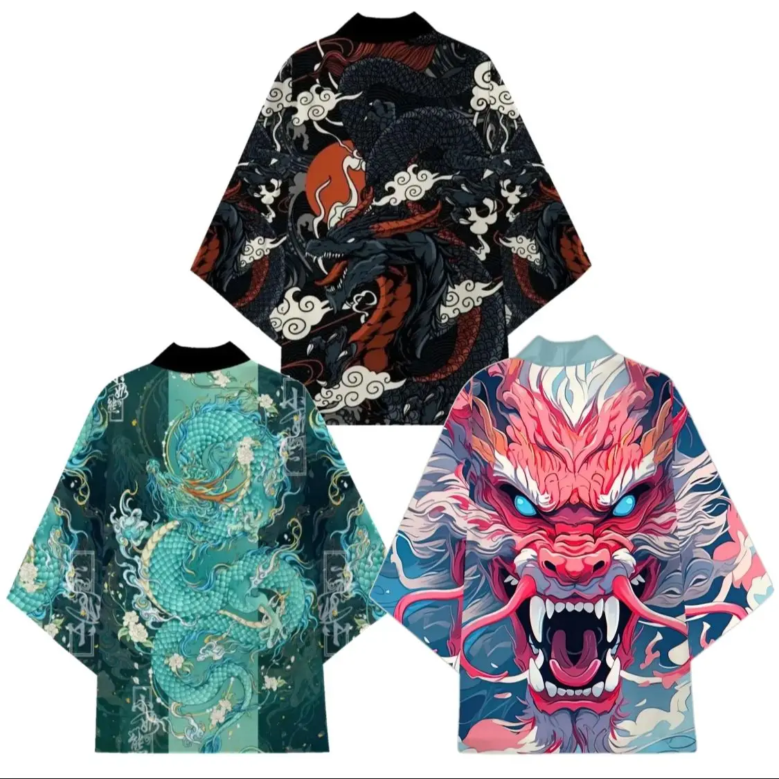 Men Chinese Dragon Pattern Green Japanese Kimono Cardigan Summer Haori Dragon Print Jacket Streetwear Traditional Japanese Coat