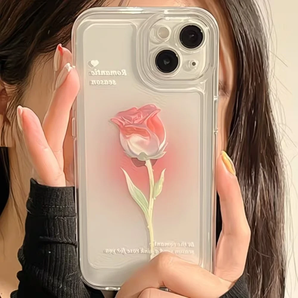Aesthetic Watercolor Rose Transparent Phone Case For IPhone 18 17 Air 16 15 14 13 12 11 Pro Max Plus Mini Anti-Drop TPU Case view 3
