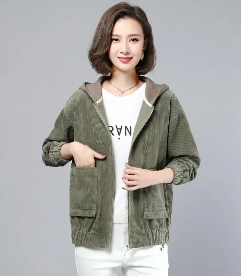 Women Classic Corduroy Patchwork Hooded Jackets Autumn Witner Loose Casual Hoodies Big Pockets New Chic Short Jackets Outwears