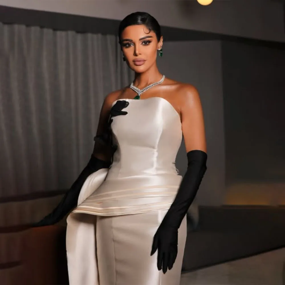 High Quality Customized Strapless Floor Length Color Contrast Sleeveless Gloves Evening Party Wrinkle فساتين للمناسبات الخاصة