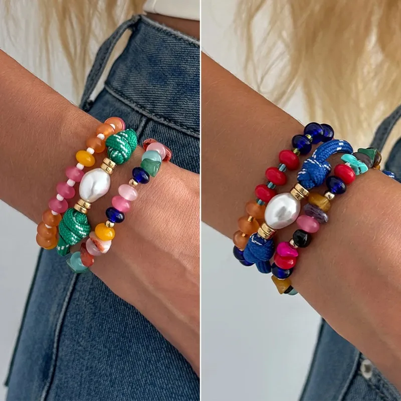 3Pcs/Set Boho Colorful Stone Beaded Resin Bracelets Set for Women Fashion Weave Nylon Rope Imitation Pearl Bangles Jewelry Gift