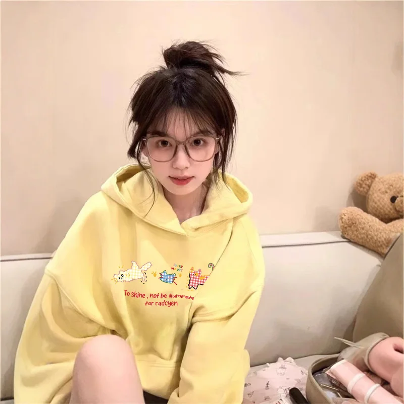 

Fall Winter Fleece Lined Hoodie Women's Hong Kong Style Loose Fit Comfortable Oversized Hoodie Trendy Streetwear