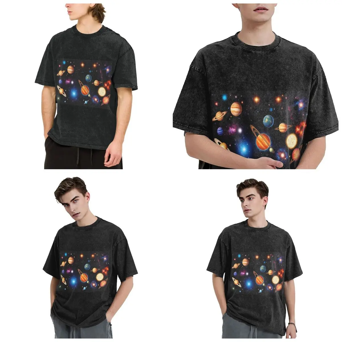 Streetwear T-Shirts Solar System Space Planets Universe Washed T Shirt Short Sleeve Hip Hop T-Shirt Tops Tees for Men Women
