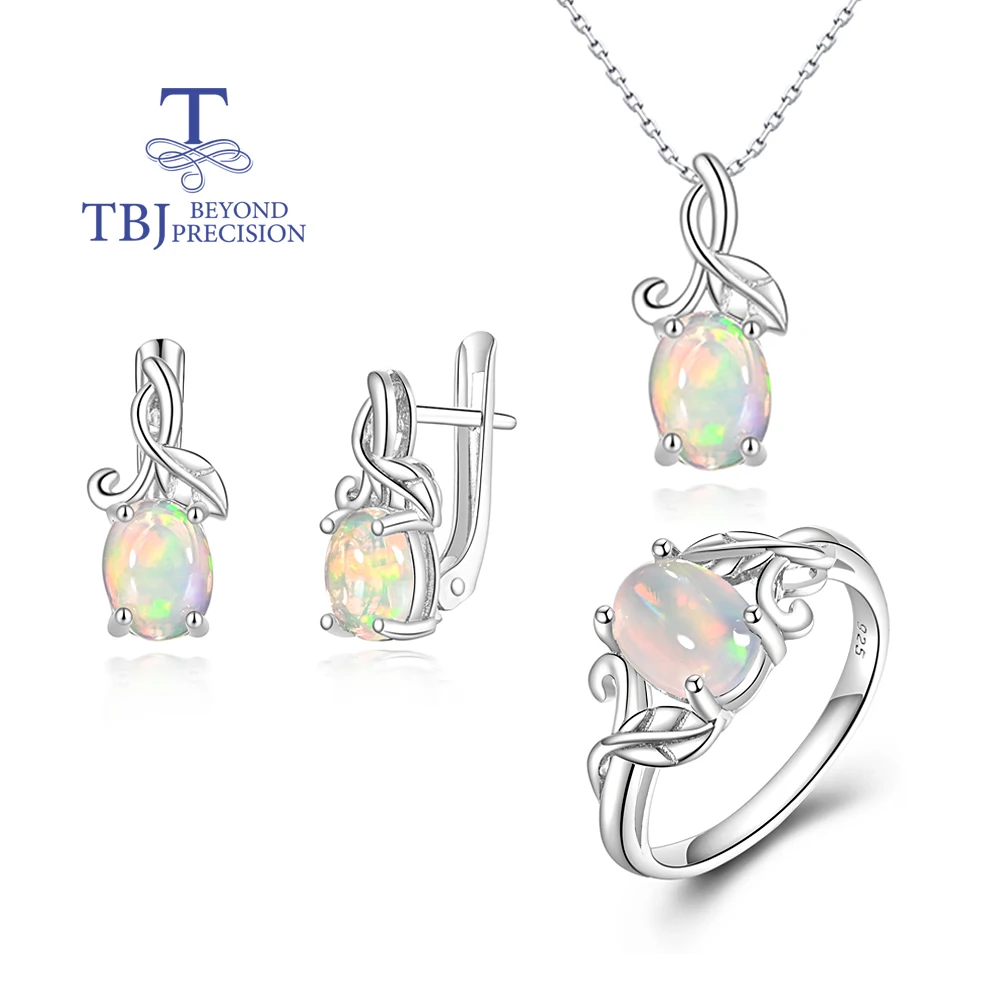 

Tree Leaves Design 925 Sterling ring earrings pendant necklace natural opal gemstone fine jewelry set for women Anniversary gift
