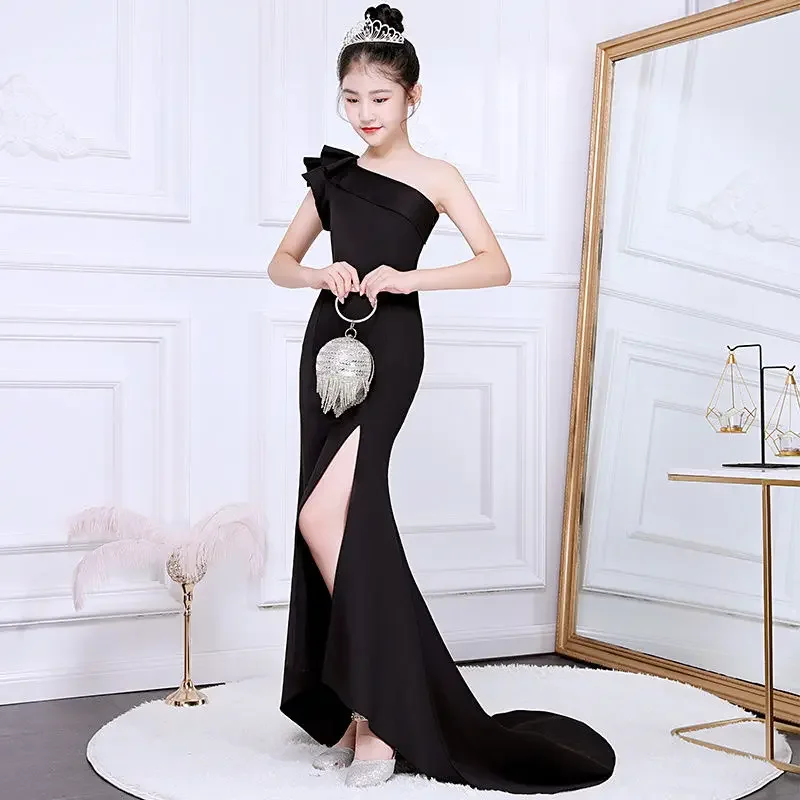 Side Slit Prom Dress for Kids Girls Age 7 11 12 13 14 Year Child Formal Evening Dresses Full Length Ruffle Birthday Party Gown