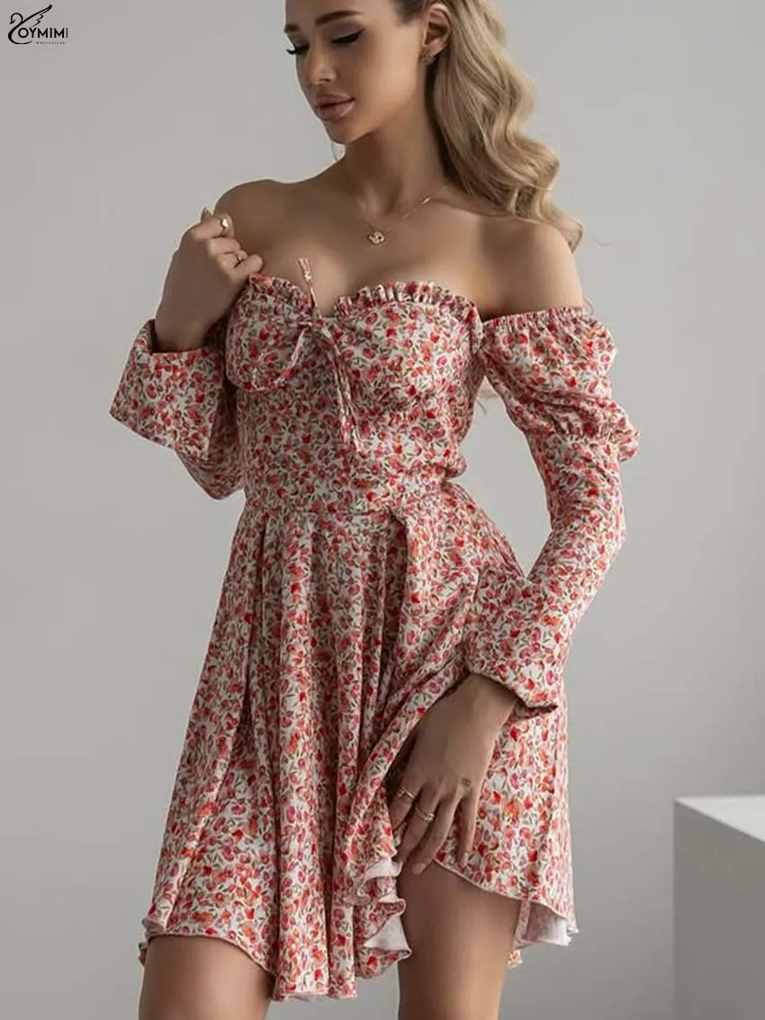 

Oymimi Casual Red Print Womens Dresses Fashion Square Neck Open Back Wrist Sleeve Dresses Casual High Waisted Pleated Mni Dress