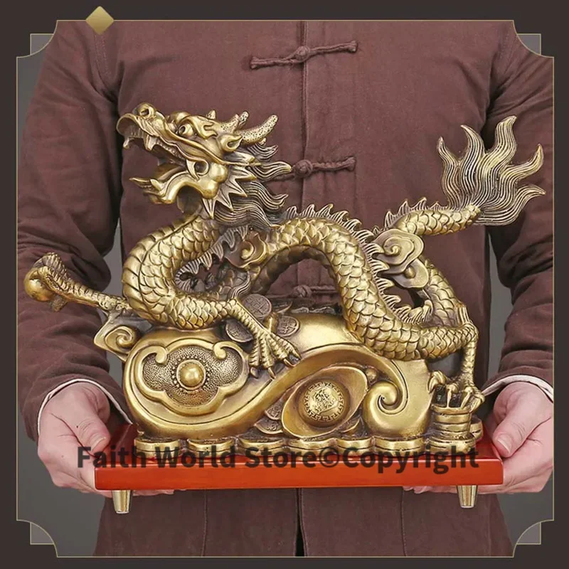 Large Bring in wealth treasure HOME Store business Money Drawing Mascot good luck Fortune golden dragon FENG SHUI Brass statue A