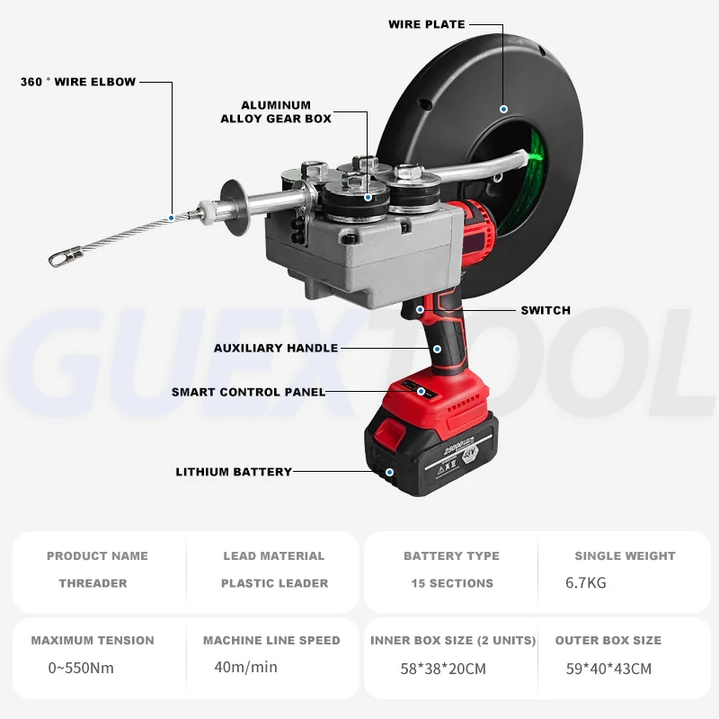 Imagem -02 - Dispositivo de Enfiar Dispositivo de Enfiar Automático de Puxar Fio Elétrico Puxador de Empurrar Cabo Máquina de Enfiar na Parede Máquina de Enfiar Recarregável de Iões de Lítio Máquinas de Enfiar Tubos Dispositivo