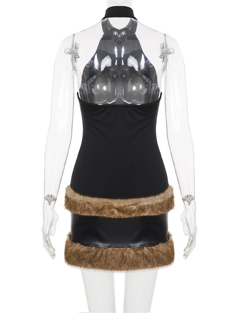 SsTss レディース ノースリーブ ミニドレス 2025 Y2K フェイクファー装飾 スリム ハイウエスト PUレザー パッチワーク ボディコン ドレス クラブ パーティー ローブ
