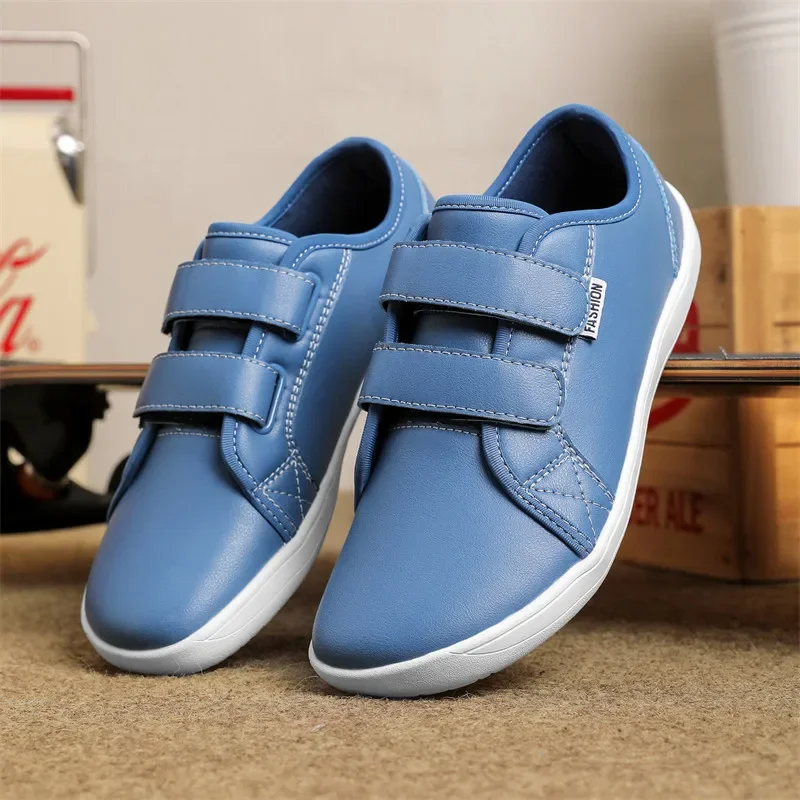 

Blue Mens Shoes Comfortable Round-Toe Leather Casual Shoes For Men Hook&loop Low-top Platform Men's Barefoot Shoes Plus Sizes 48