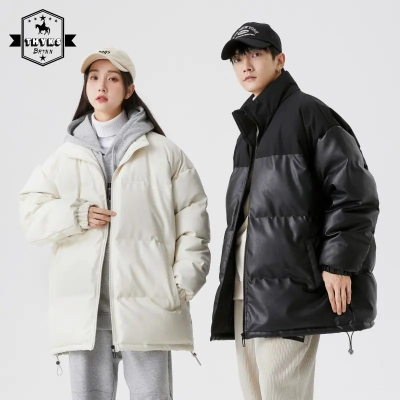 

Vintage PU Leather Parkas Men Winter Down Coat Thicken Warm Harajuku Causal Couple Puffer Jackets Korean Oversized Women Coats