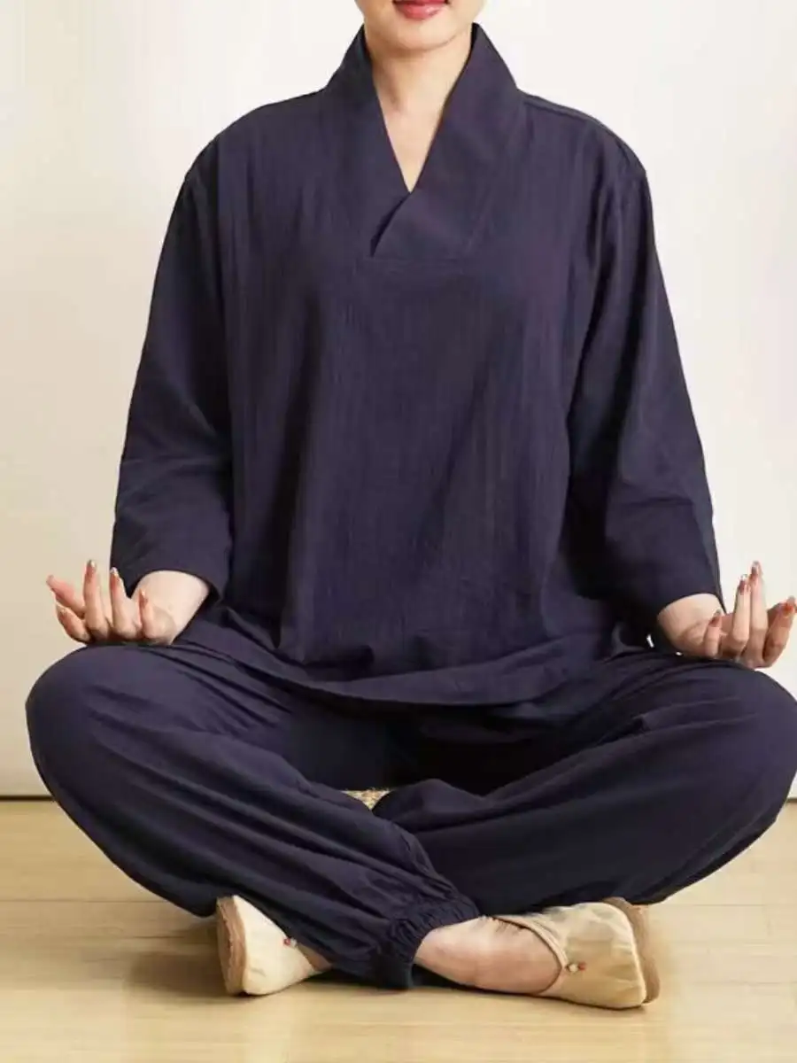 

Новый китайский свободный костюм для тай-чи и медитации, комплект из двух предметов, одежда для здоровья и чаепития, женский дзен-костюм, повседневный хлопковый костюм