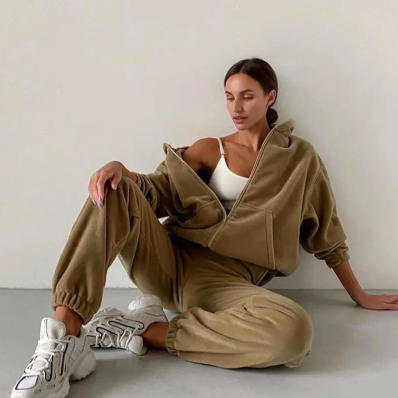 

Осенний женский спортивный костюм на молнии и брючный костюм, повседневный комплект из двух предметов, женский теплый длинный брючный спортивный костюм с капюшоном, топы