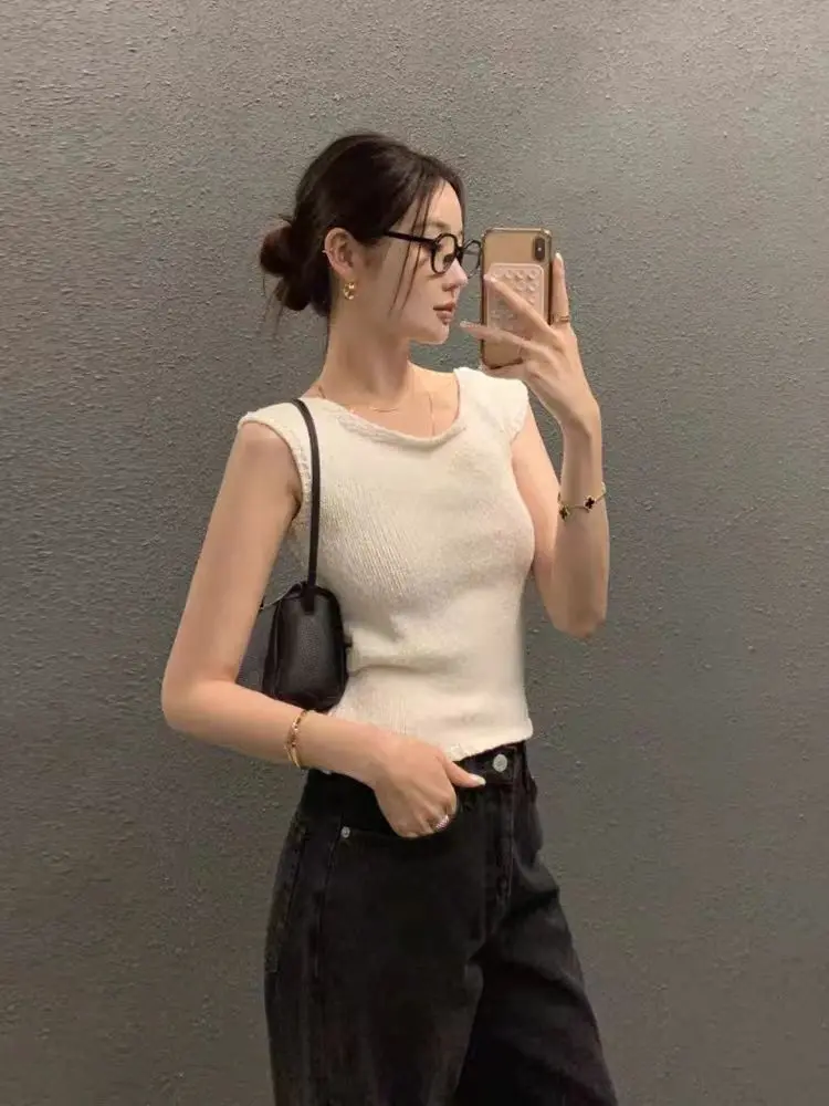 Simple Solid Backless Bandage Sleeveless Knitted Pullover Women 2025 Summer Retro Slim Fit Versatile Crop Top Sweater