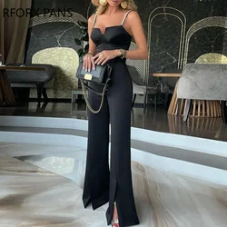 Women Elegant Spaghetti Straps with Beading Sleeveless Sexy Working Formal Jumpsuits