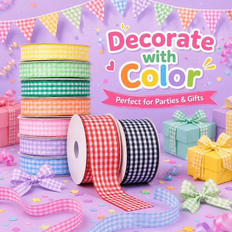 10 Yards Gingham-Bänder für Hochzeits-, Weihnachts- und Partydekorationen, Geschenkverpackungen, DIY-Bastelarbeiten, Schleifen, Haarschmuck, kariertes Band, Verpackung. – Detail 1