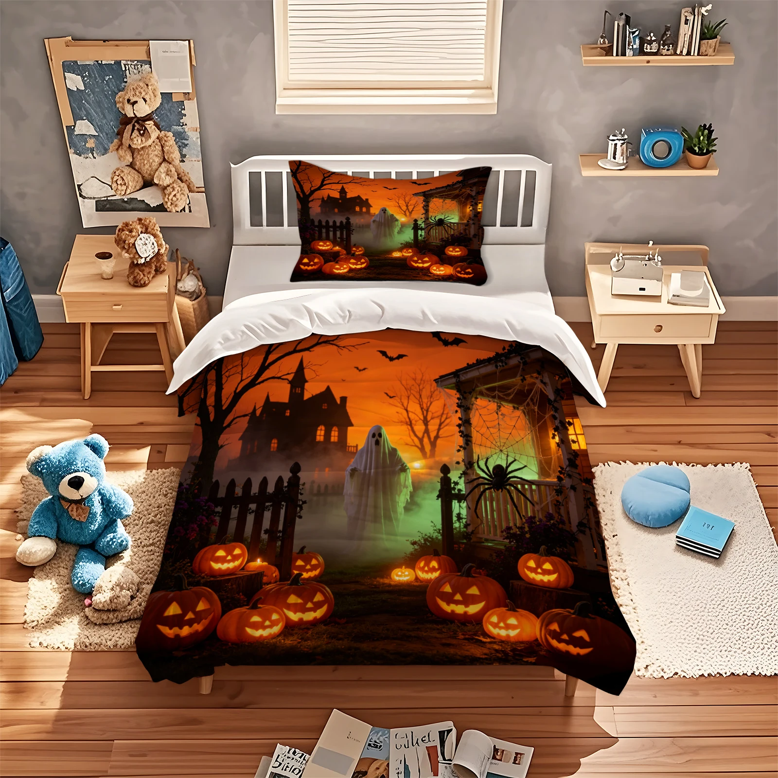 Halloween Duvet Cover Set Spooky Ghost Glowing Pumpkin Haunted House Spider Bat Printed Soft Bedding Set Holiday Bedroom Decor