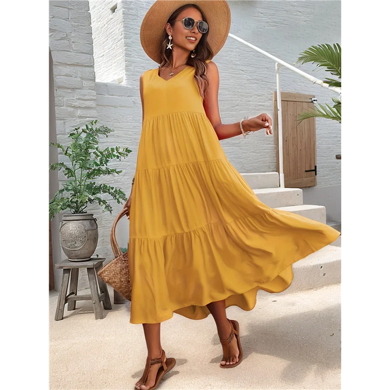 【SEE】Vestidos femininos de verão sem mangas maxi vestido com decote em V casual flowy em camadas