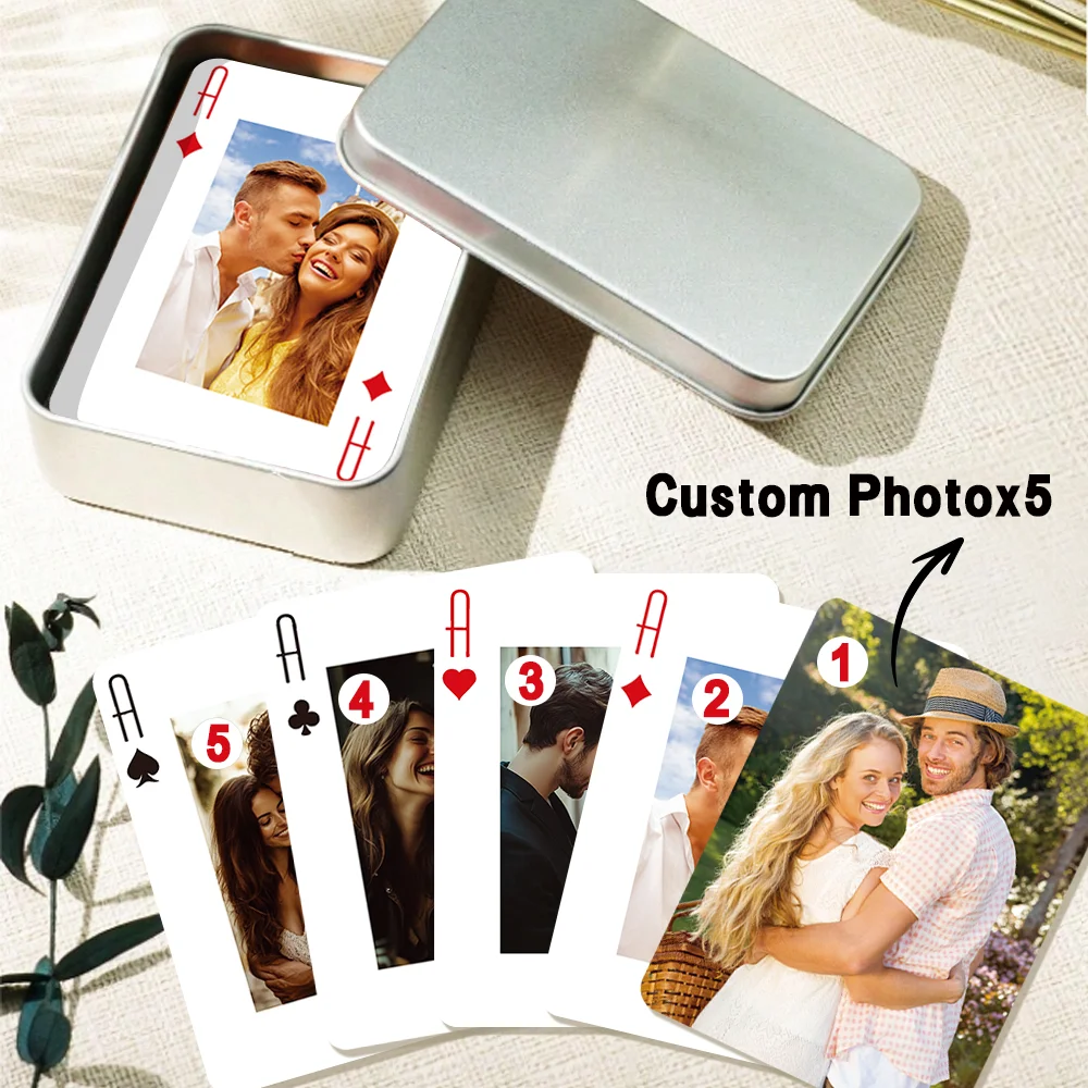 54 cartes de poker personnalisables/1 jeu, 5 photos personnalisables, pour couples et familles, cartes de jeu de table, cadeau d'anniversaire